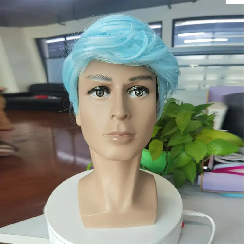 Short Straight Light Blue Wig Synthetic With Bangs Cosplay Halloween Wigs For Men Boy Daily Wear Nature Heat Resistant Fake Hair