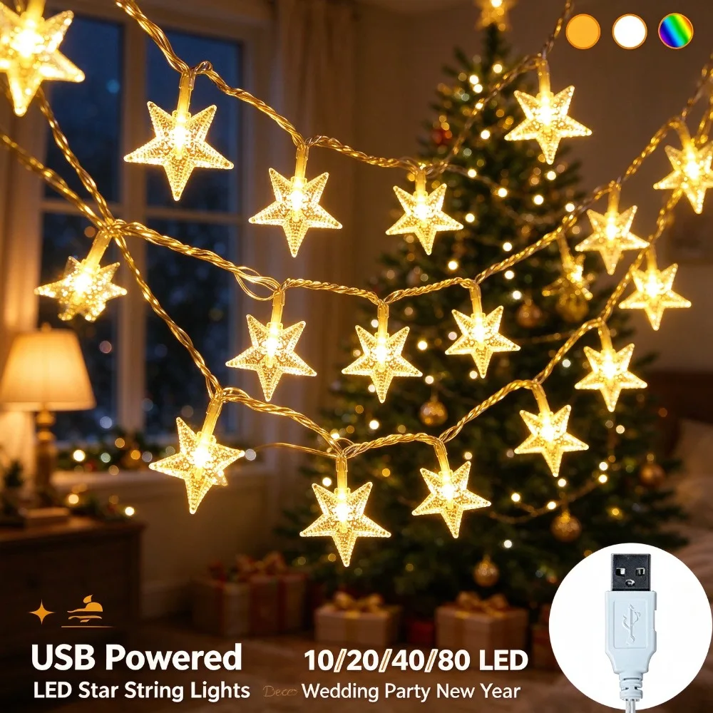 USB Star String Lights Remote Control Christmas Fairy Lights for Wedding Party Bedroom Indoor Home Decoration