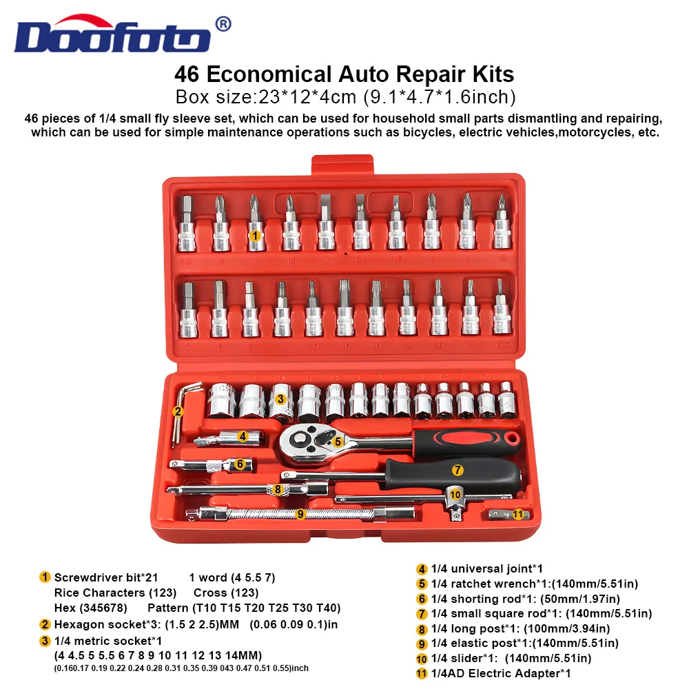 46 PCS Car Repair Tool Set 1/4-Inch Socket Set Car Repair Tool Ratchet Torque Wrench Combo Tools Kit Auto Repairing Tool Set