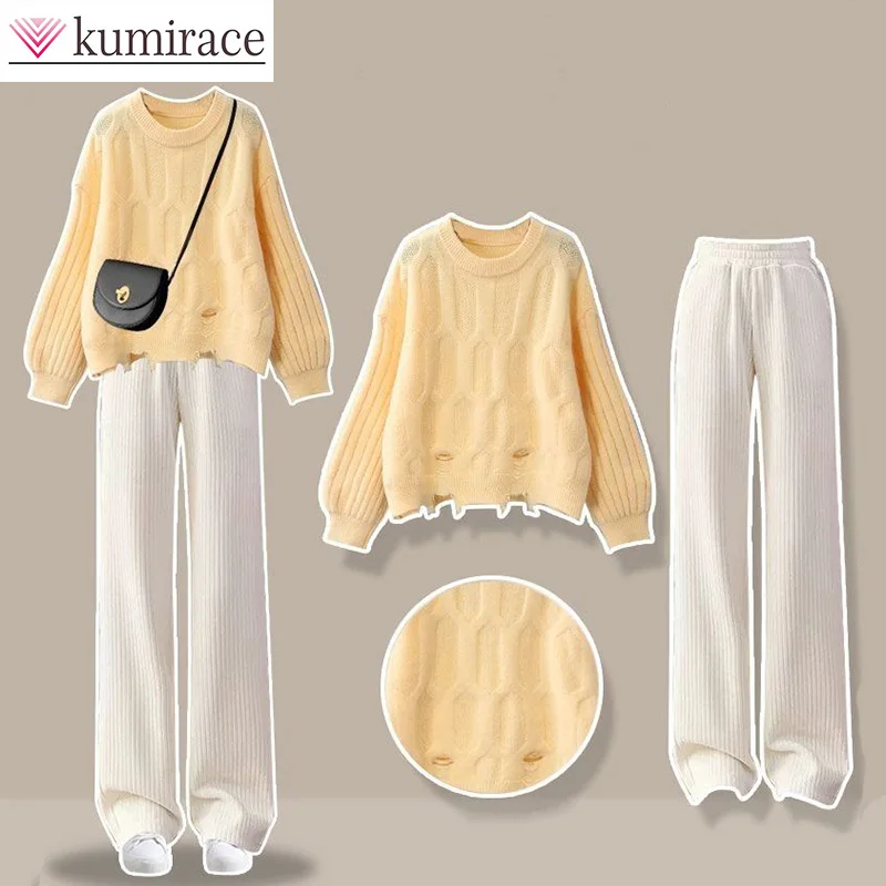 Korean Version 2024 Autumn New Female Student Set Women\'s Knitted Sweater Apricot Wide Leg Pants Women\'s Two Piece Setwomen Pant