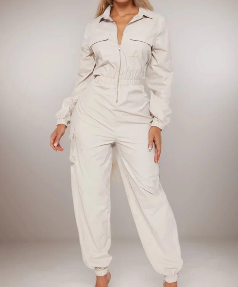 

Womens Jumpsuit 2025 Spring New Fashiona Temperament Turndown Collar Long Sleeve Zipper Pocket Design Elegant Cargo Jumpsuits
