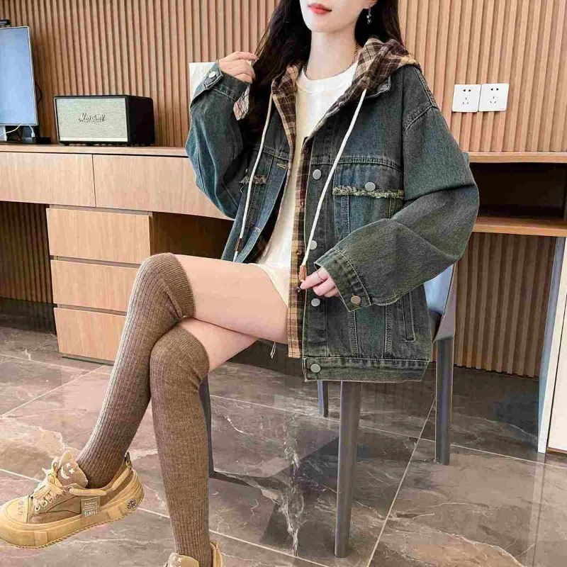 

Faux Two Piece Plaid Hooded Patchwork Vintage Denim Jacket Women 2025 Spring Fall Unique Niche Oversized Versatile Petite Blazer