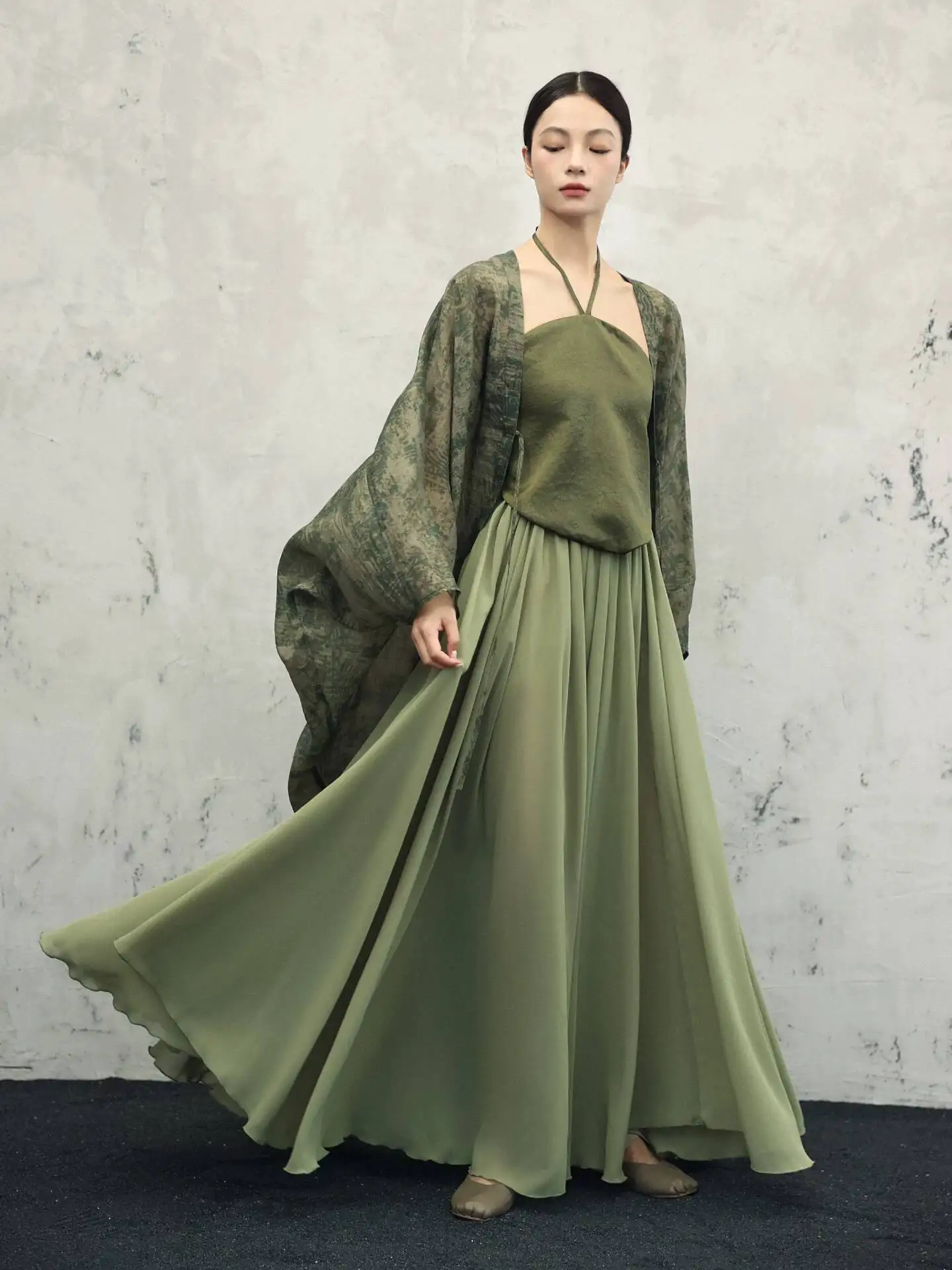 UMI MAO Bean Green Double-layer Skirt For Women Summer Breathable Chiffon Large Swing Skirt Pants For Women