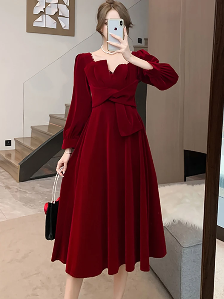 

Women Red Velvet Chic Bow Elegant Long Dress Autumn Winter Korean Vintage Official Occasions Dress 2023 Fashion Diamonds Dresses