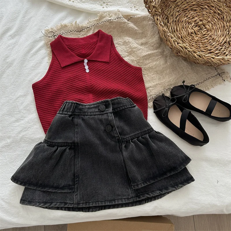 2024 Summer New Children's Denim Ruffle Edge Splicing Skirt Korean Version of Girls' Foreign Denim Skirt