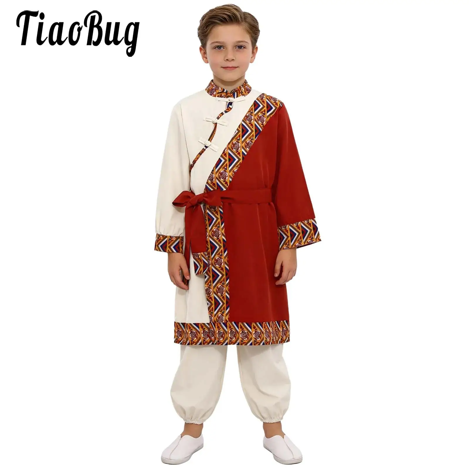 Children Boys Chinese Traditional Ethnic Minorities Style Costume Unique Patterns Long Sleeve Robe with Waist Belt and Pants Set