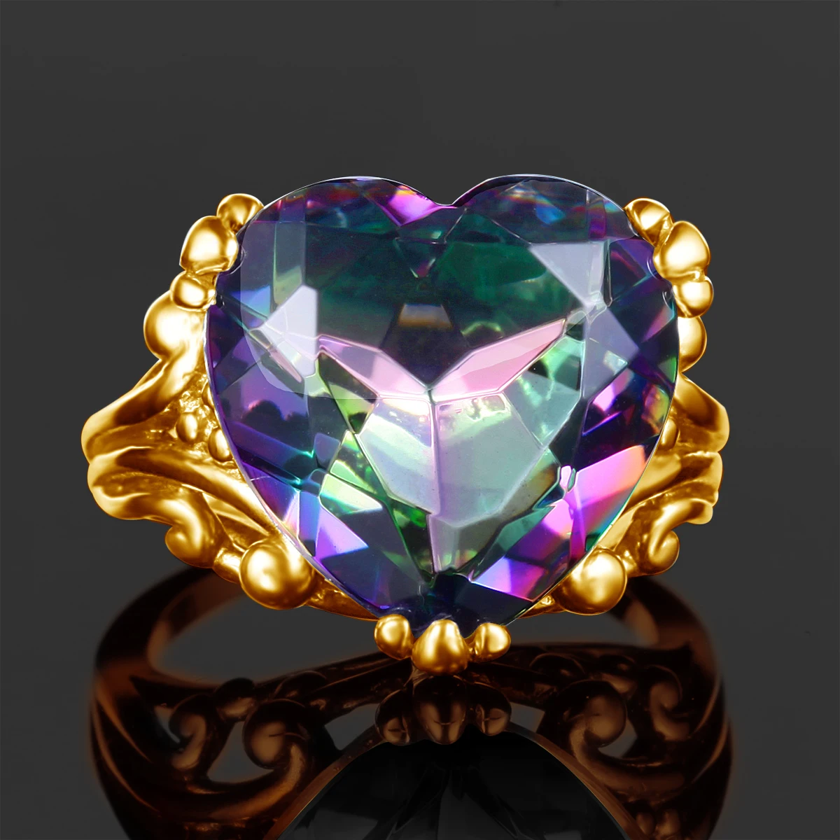12*12mm Großer Herz-Mystic-Topas-Ring aus Gold für Frauen, Regenbogen-Feuerstein, Hochzeits- und Verlobungsschmuck, Accessoires, Geschenk für die Ehefrau, heiß begehrt – Detail 2