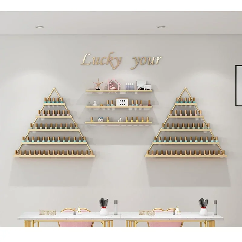 gold nail salon sheif display metal racking shelves wall triangle nail shelf