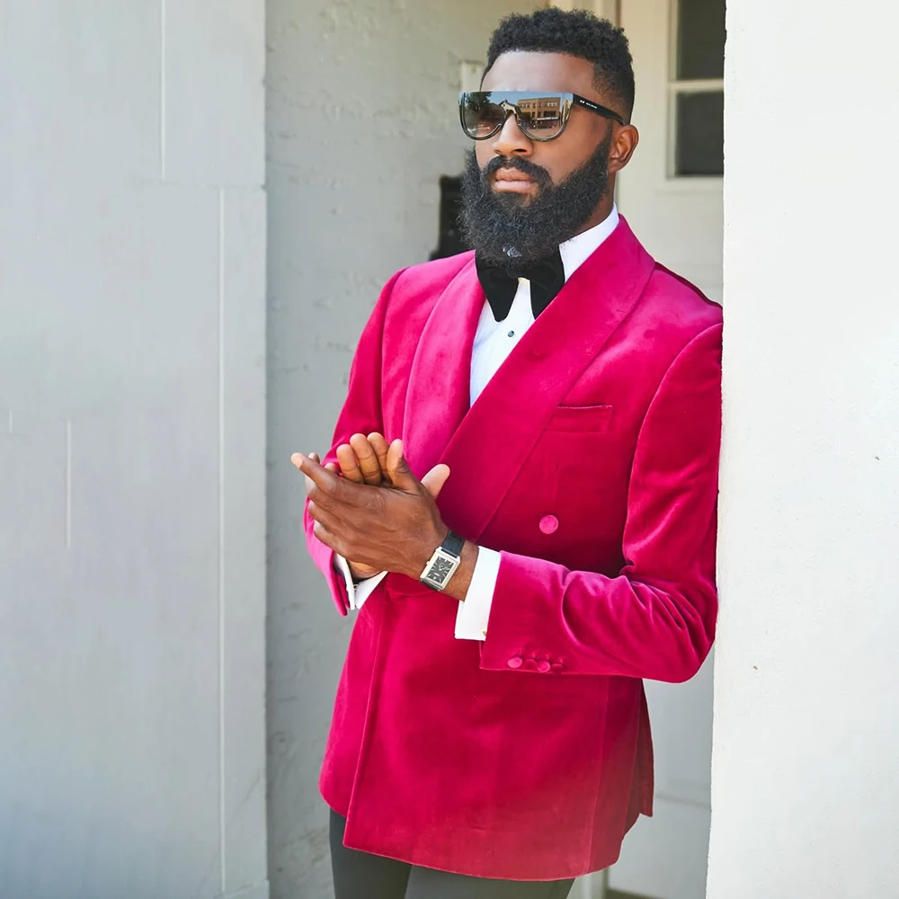 Luxury Men's Suist 2 Piece Velvet Jacket With Black Pants Full Sets Customzied Double Breasted Shawl Lapel Customized Outfits