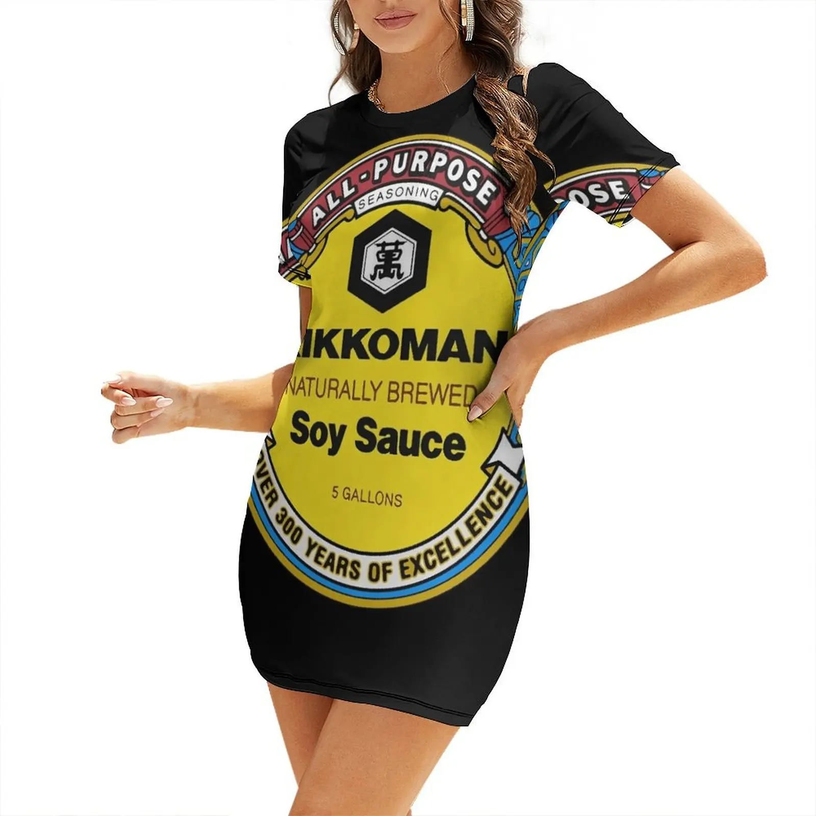 

All Purpose Kikkoman Soy Sauce Print \t's Black\t Short Sleeved Dress clothes for women Dress