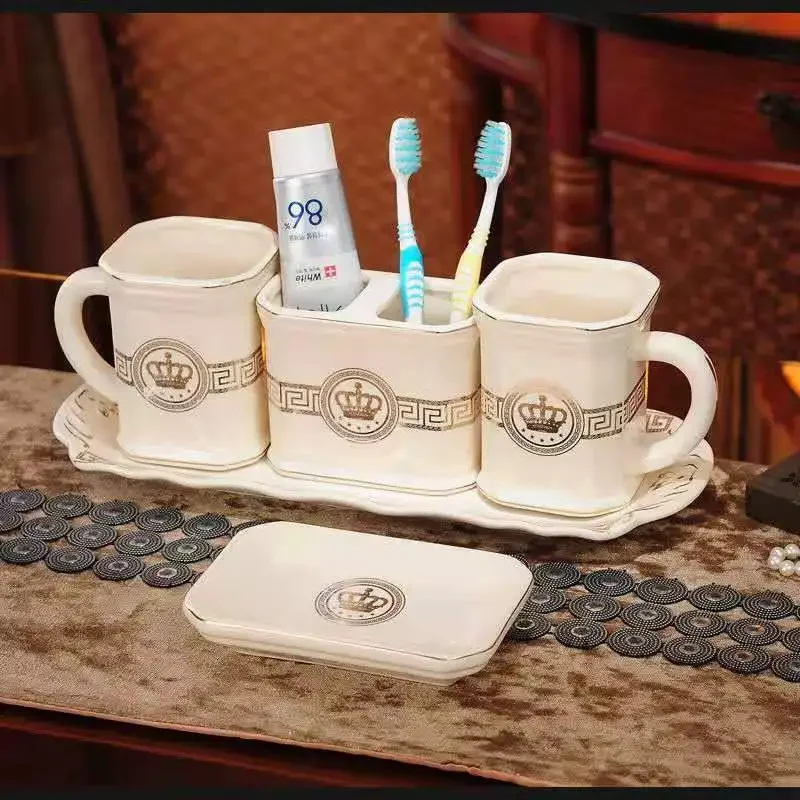 Bathroom Accessories Set Ceramic Soap Dispensers Toothbrush Holder Gargle Cups With Tray Trash Can Tissue Box Wedding Gifts