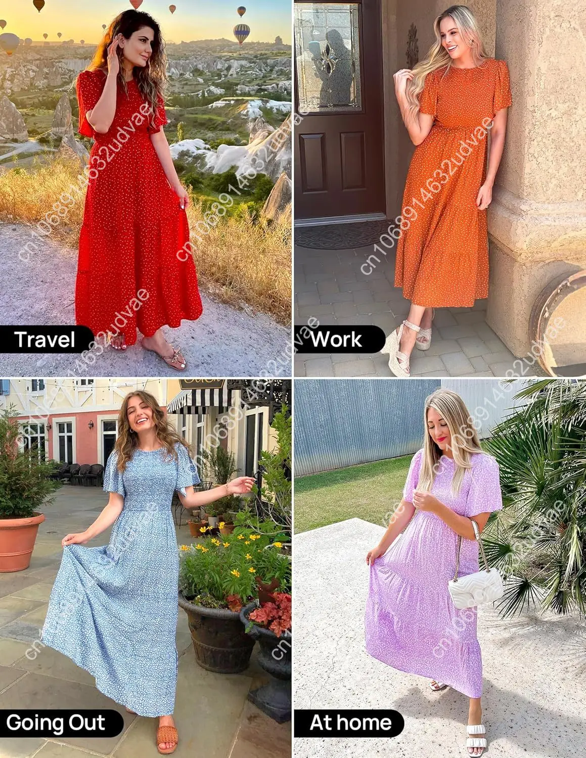 Abito lungo fluido da donna estivo 2025 con stampa floreale, maniche corte svolazzanti, girocollo, smock, vita alta