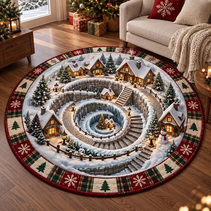 Circle Floor Blanket 2D Flat Meowy Christmas Cat Print Cushion Flannel Soft Warm Winter Holly Berry Placement Carpet