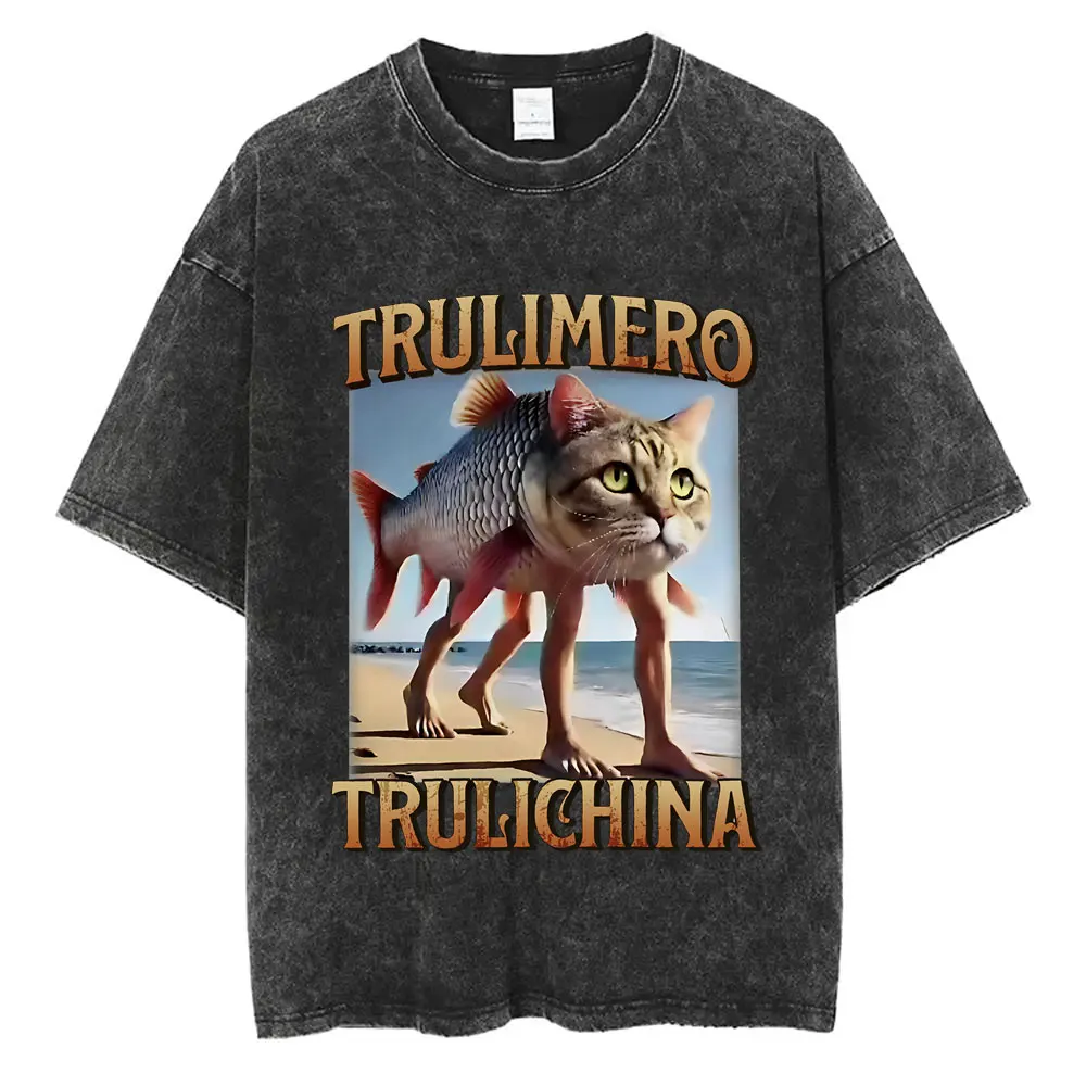 Washed Vintage T-shirt Italian Brainrot Cappuccino Assasino Funny Meme T Shirts Men Women Fashion Oversized Streetwear Tshirt
