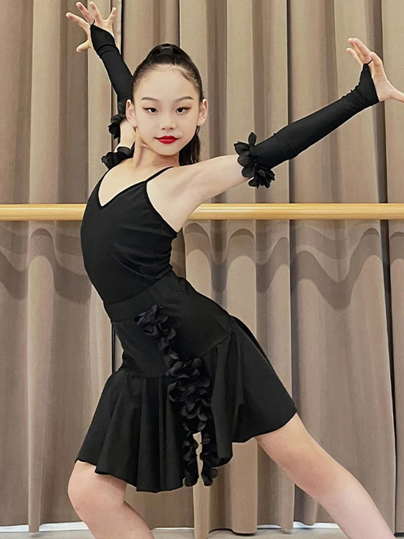 Kinder Meisje Latin Dans Geplooide Rok Training Pakken Rugloze Samba Stierenvechten Chacha Rumba Professionele Wedstrijd Kostuum