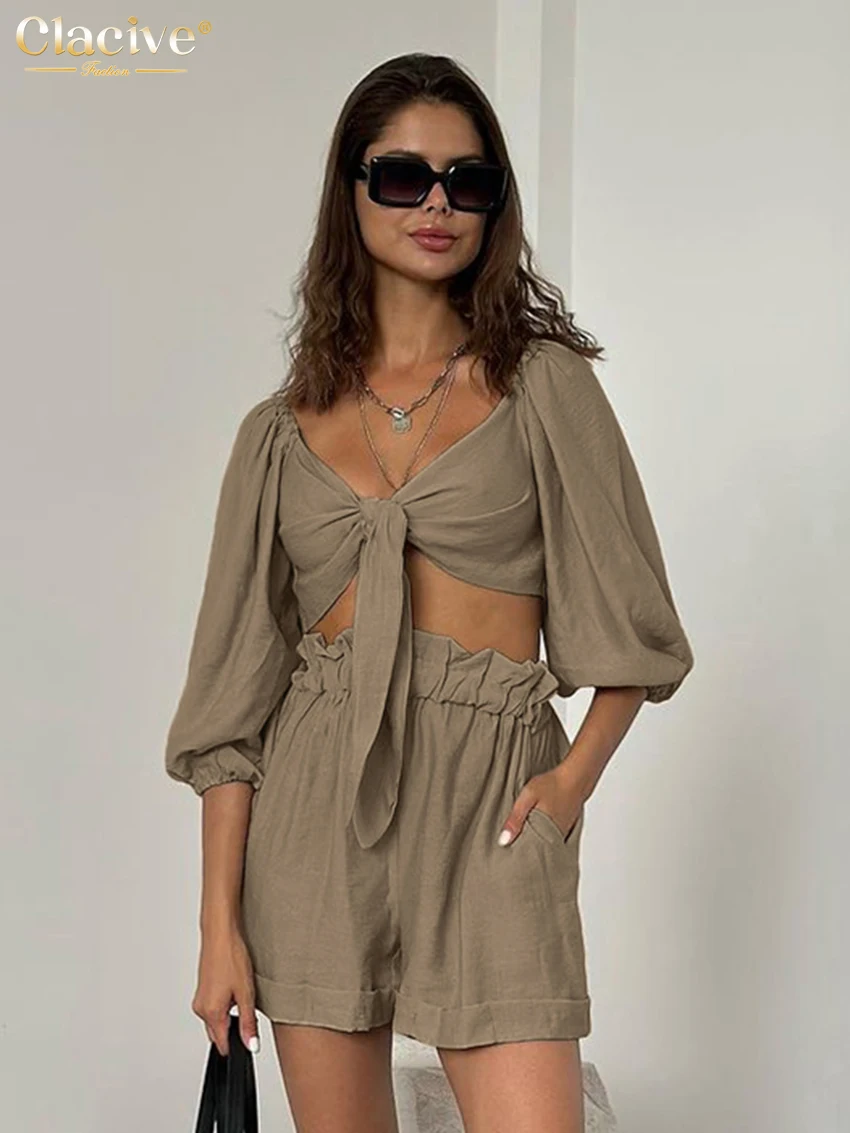 

Clacive Sexy Loose Brown Cotton 2 Pieces Set For Woman 2025 Fashion Long Sleeve Crop Top With High Waist Shorts Set Female