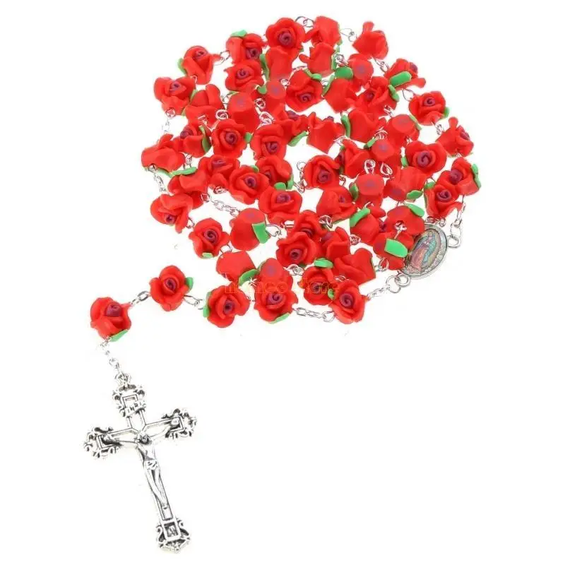 31BF Rose Flower Beads Rosary Necklace for Women Catholic with Virgin Pendant Long Chain Prayer Religious Jewelry Gift