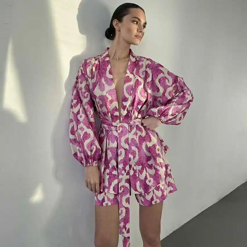 

Свободный топ на шнуровке с принтом и комплект домашней одежды, женский длинный све V-Ne, повседневный летний тонкий домашний комплект Faion