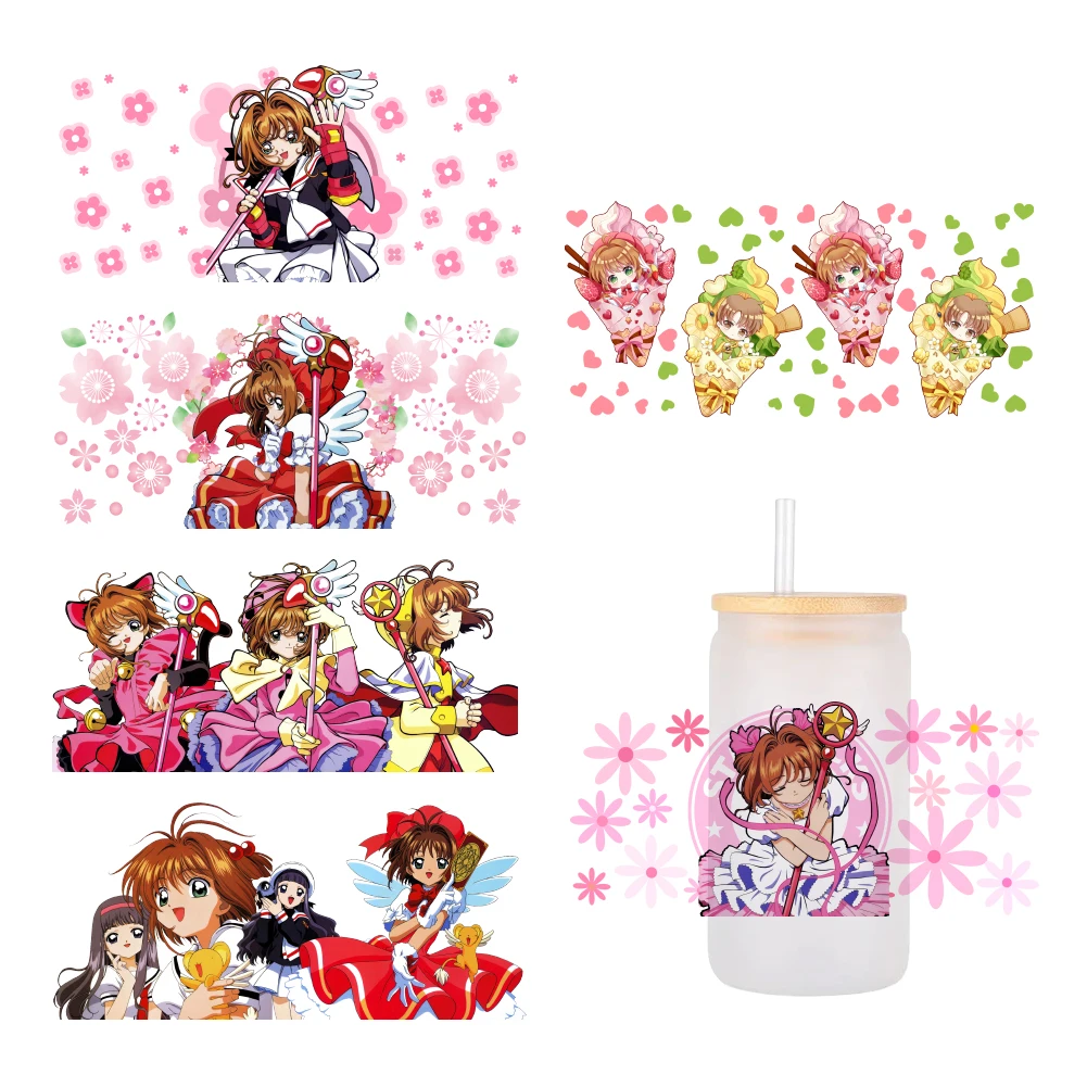 Japanese anime card captor sakura Pink cartoon For Libbey 16oz Can Glass 3D Waterproof UV DTF Coffee Can Wrap Libbey Glass Wrap