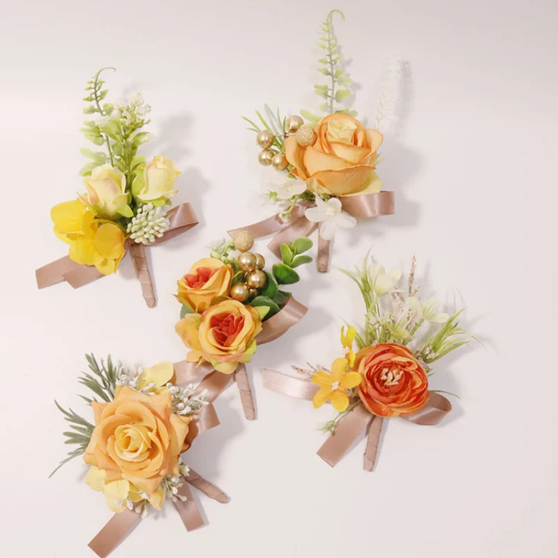 Laranja artificial rosa boutonniere flores pulso corsage acessórios do noivo para o casamento trajes de hombre para boda