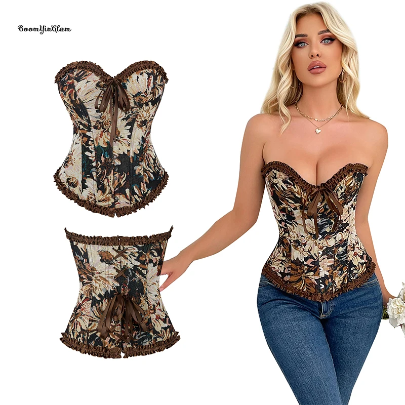

Retro Renaissance Women Clothing Ruffled Lace Up Boned Brown Halloween Corset Top Victorian Corsets And Bustiers