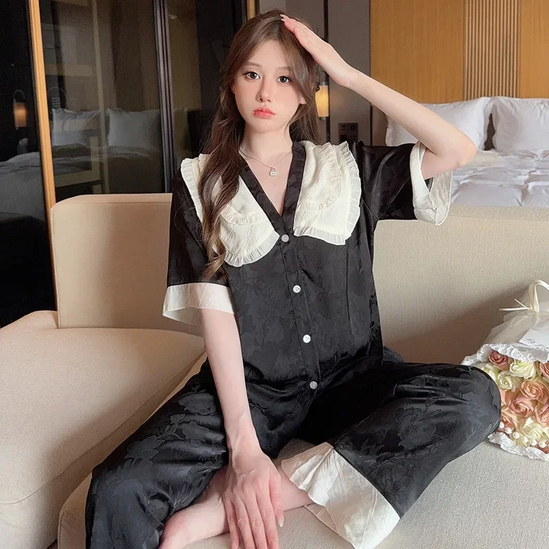 

Jacquard Ice Silk Sleepwear Women Silk Pajama Sets Short Sleeve Summer Nightwear Loungewear Set Thin Lace Kawaii Clothes Pajamas