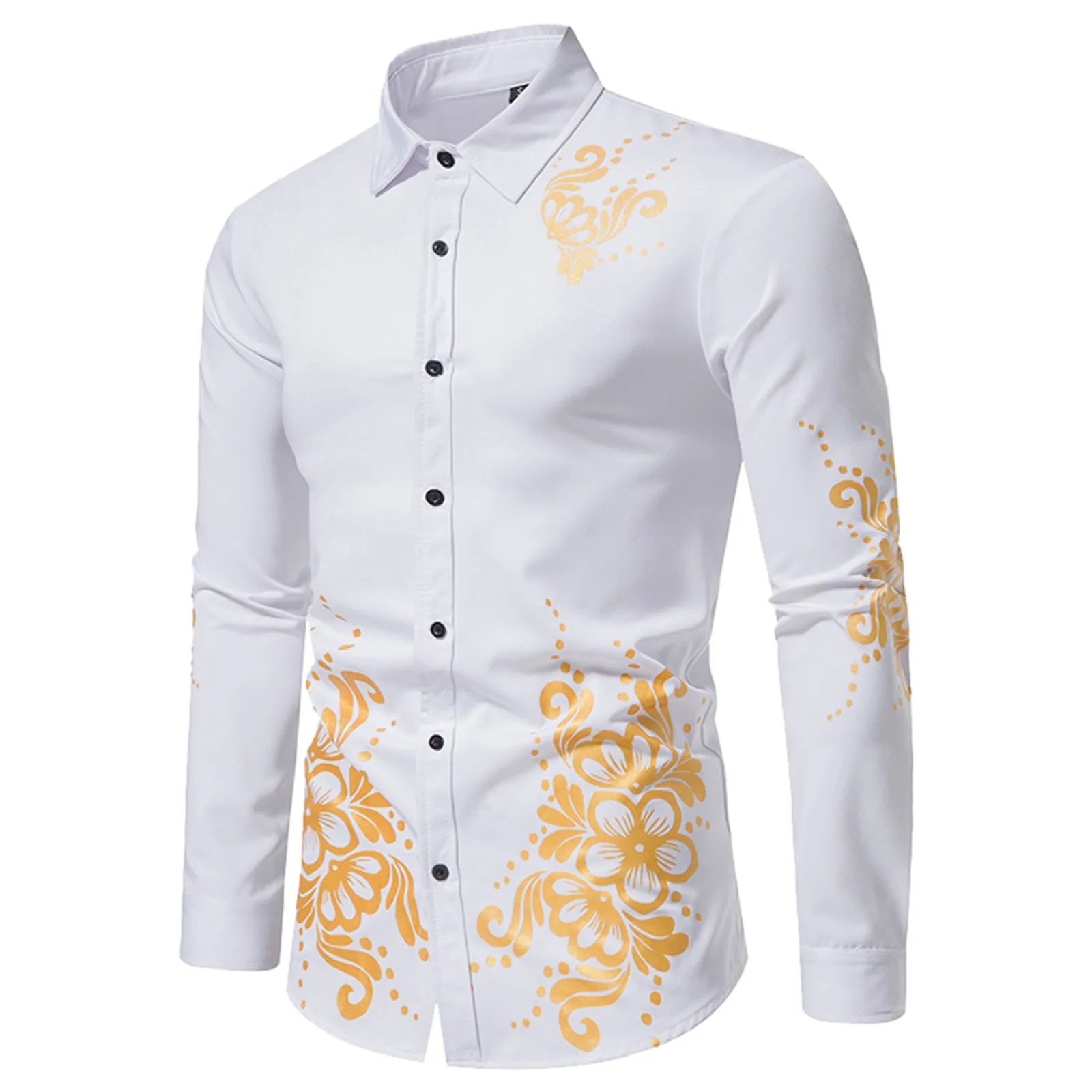 Golden Leaf Print Luxury Shirt Men Autumn Winter Single Breasted Long Sleeve Slim Fit Button Retro Social Dress Shirt Streetwear