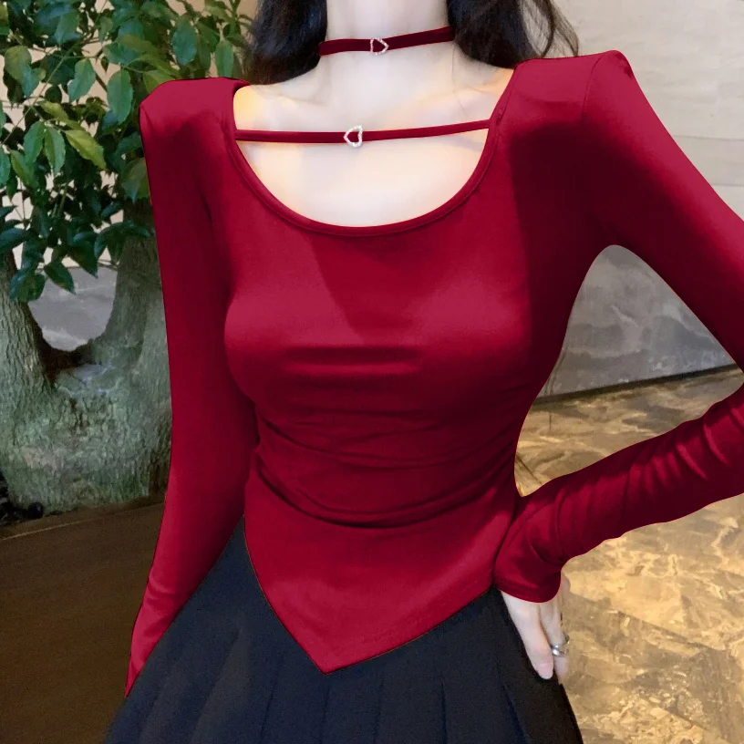 

Long-sleeved T-shirt for Women in Autumn New Style Leaking Collarbone Irregular Waist-hugging Stretchy Sweet Hot Girl Top