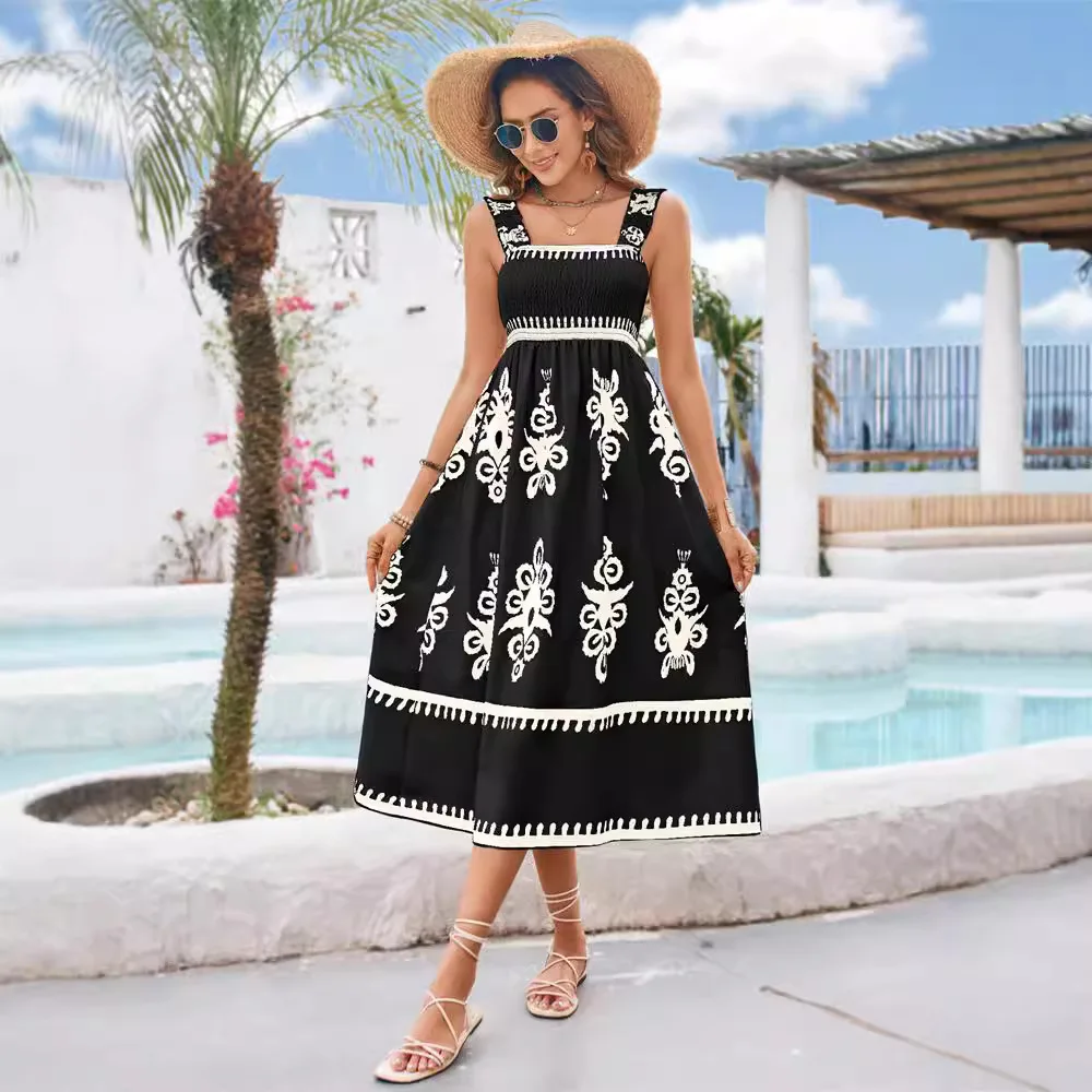 2024 Sexy Halter Beach Holiday Long Dresses Summer Fashion Print Sleeveless Elasticated Chest Simple Boho Casual Midi Dresses