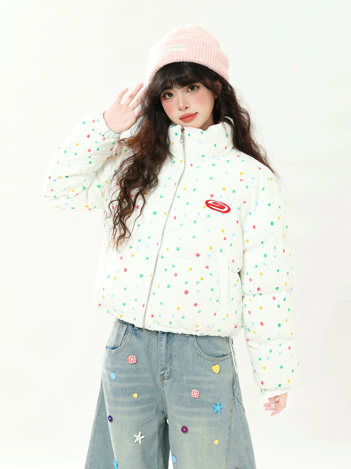 

ENJOG Женская зимняя теплая куртка из хлопка в горошек с воротником-стойкой, утепленная, на молнии, длинная