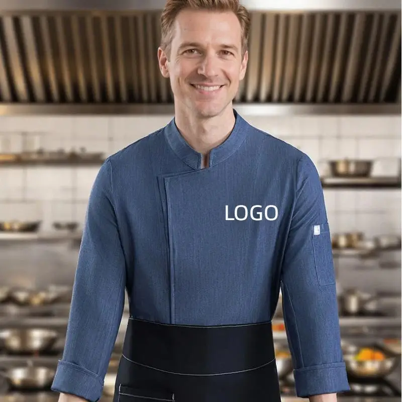 Solid Color Chef Workwear Men's Long Sleeved Embroidery Hotel Catering Kitchen Baking Chef Uniform Jacket Printed Logo