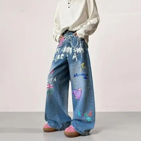 American Retro Graffiti Print Loose High Waist Men's Jeans Autumn Winter Korean Style Floor-Length Causal Trousers Wide Leg Pant