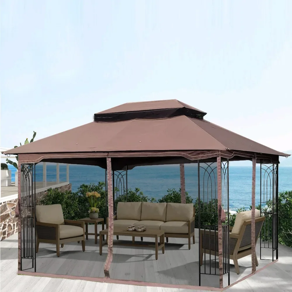 

13x10tf, Patio Gazebo Canopy Tent With Ventilated Double Roof And Mosquito Net,Suitable for Lawn, Garden, Brown, Canopy