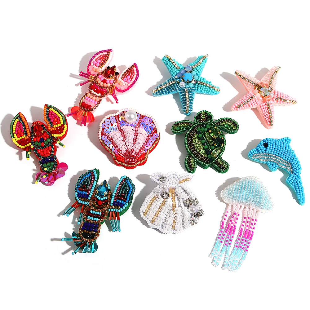 AENSOA Charm Handmade Beaded Women Brooch Summer Version Animal Starfish Pattern Colorful Sequin Pearl Patch Inlaid Accessories