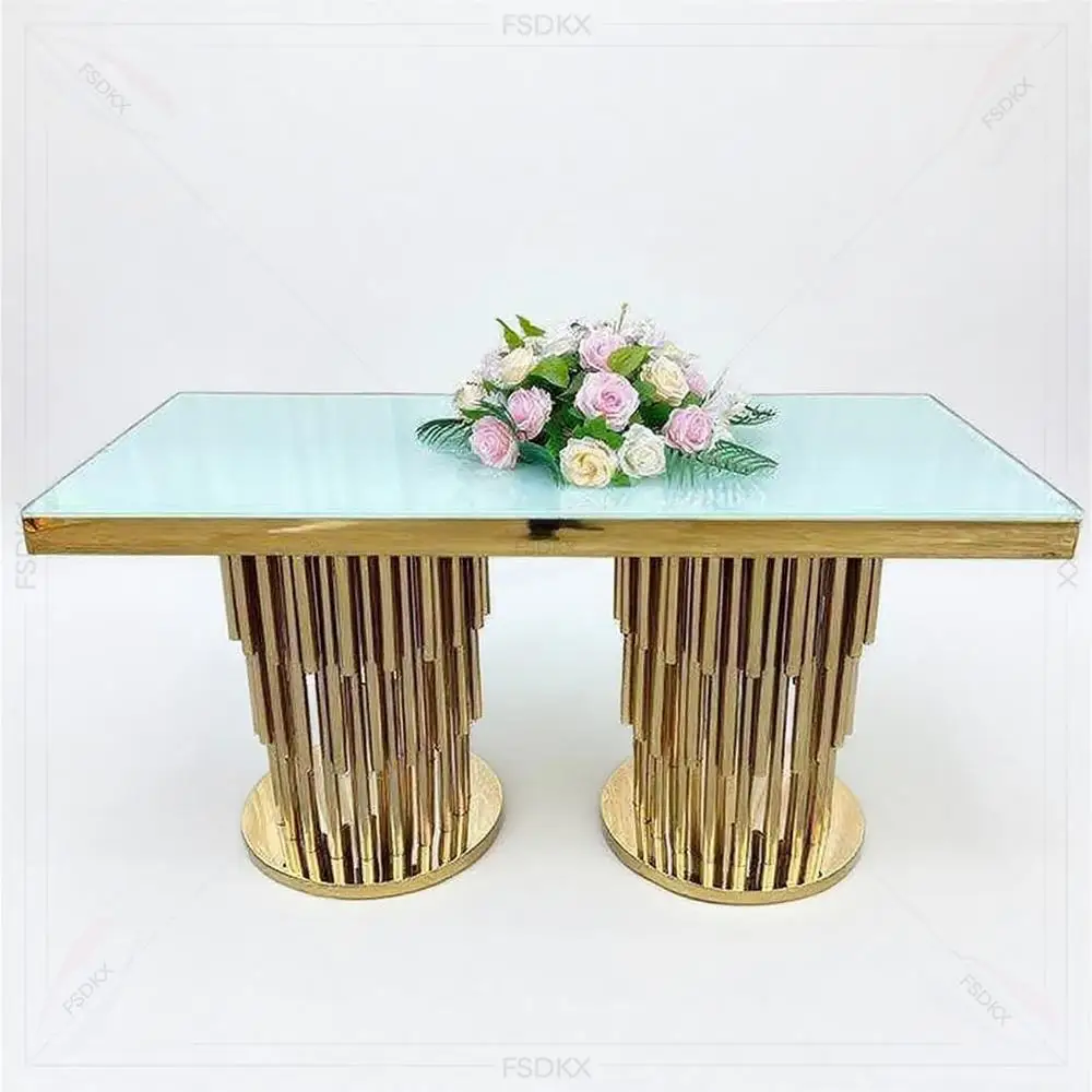 FSDKX Luxury Durable Gold Wedding Tables Stainless Steel Metal with Glass for Dining Mirror Glass Wedding Furniture Events Table