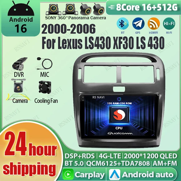 Android 16 Carplay Auto Qualcomm 2K Screen Car Radio Player For Lexus LS430 2000-2006 GPS Wifi Stereo Multimedia DSP Navigation