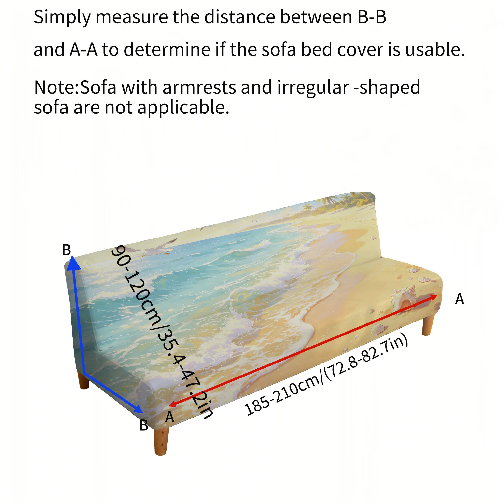 Armrest-free elastic sofa bed cover, anime wind beach printing pattern, dust-proof machine-washable sofa bed cover