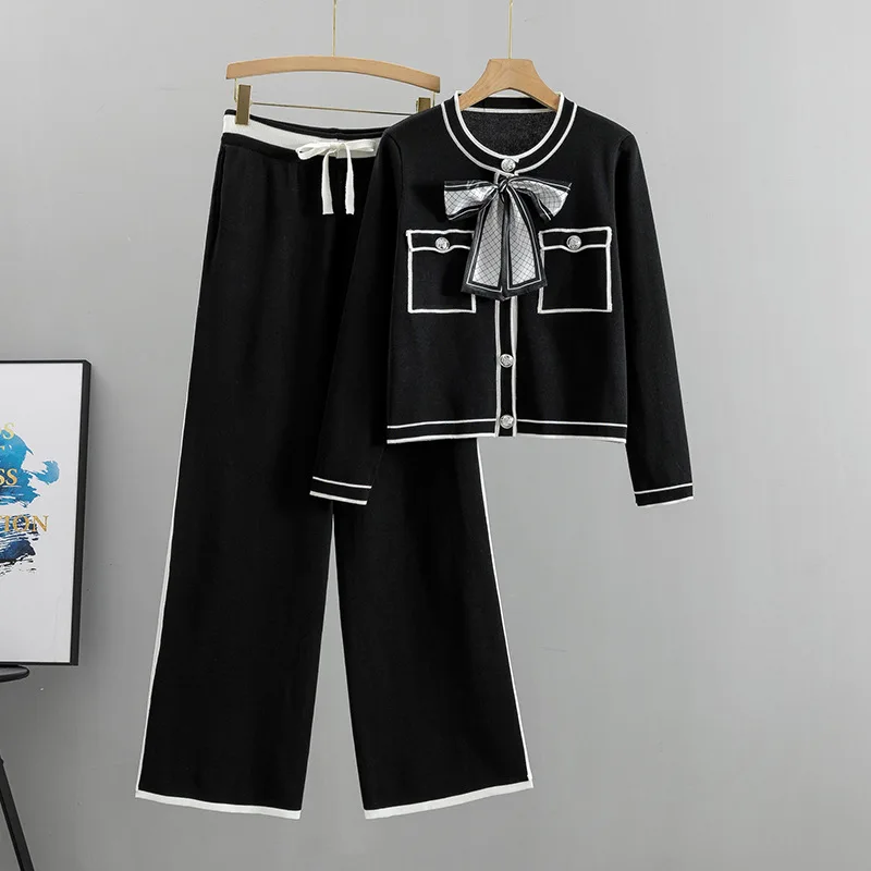 Autumn Women Elegant Pleated Two Piece Set Long Sleeve Bowknot Tops High Waist Wide Leg Pants Suit Female Casual Outfits