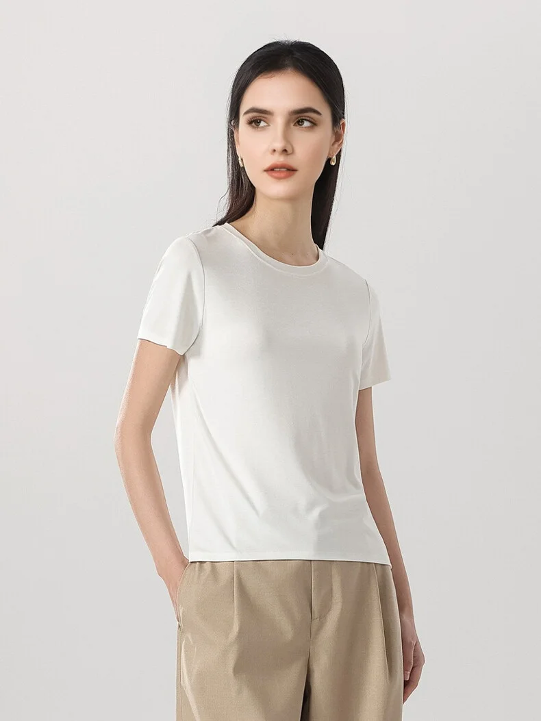 SuyaDream, Women Solid T Shirts, Silk Viscose Blend, Plain O neck, Short Sleeved Tee 2025 Spring Autumn Basic Top, Grey, White