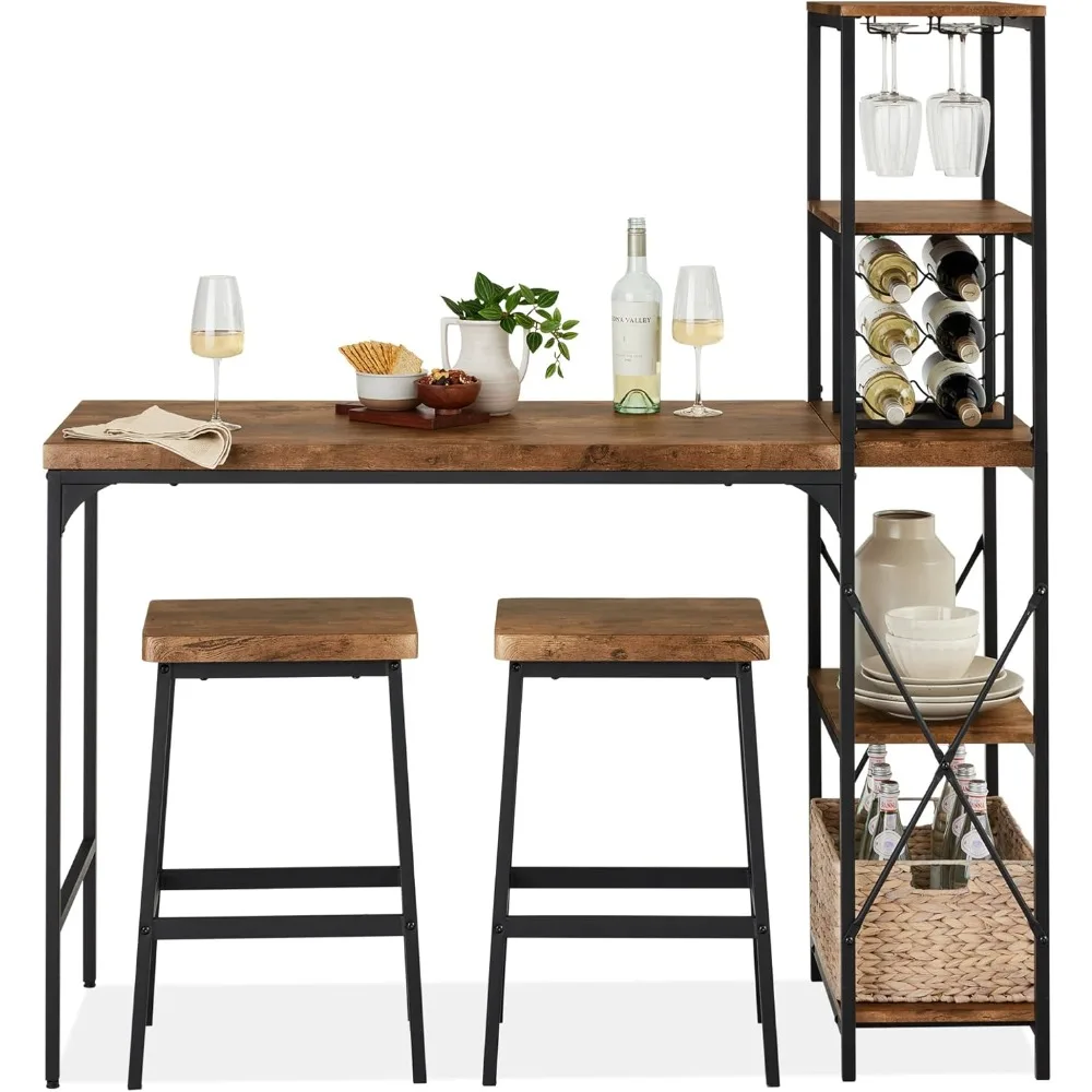 3-Piece Counter Height Dining Set, Desk, Bar, Kitchen Island Table w/ 2 Stools, Wine Rack & Storage Shelves