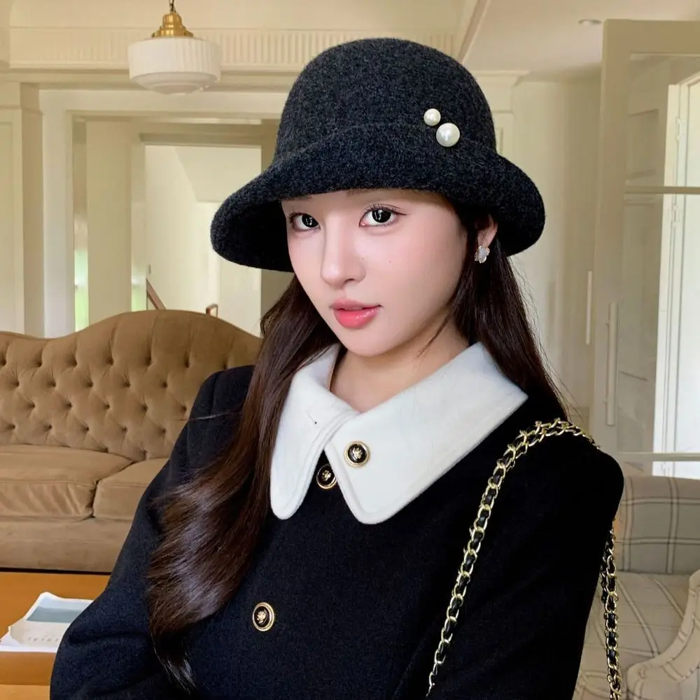 Fashion Retro Wool Blend Fedoras Hat Pearl French Style Hepburn Style Topper Hat Curled Brim Elegant Women Formal Hat Ladies
