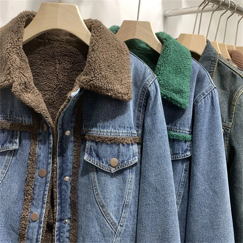 Casaco denim espesso de inverno feminino, jaqueta de algodão acolchoada, redutor de idade, jaquetas de tweed, roupas da moda, novo estilo, 2024