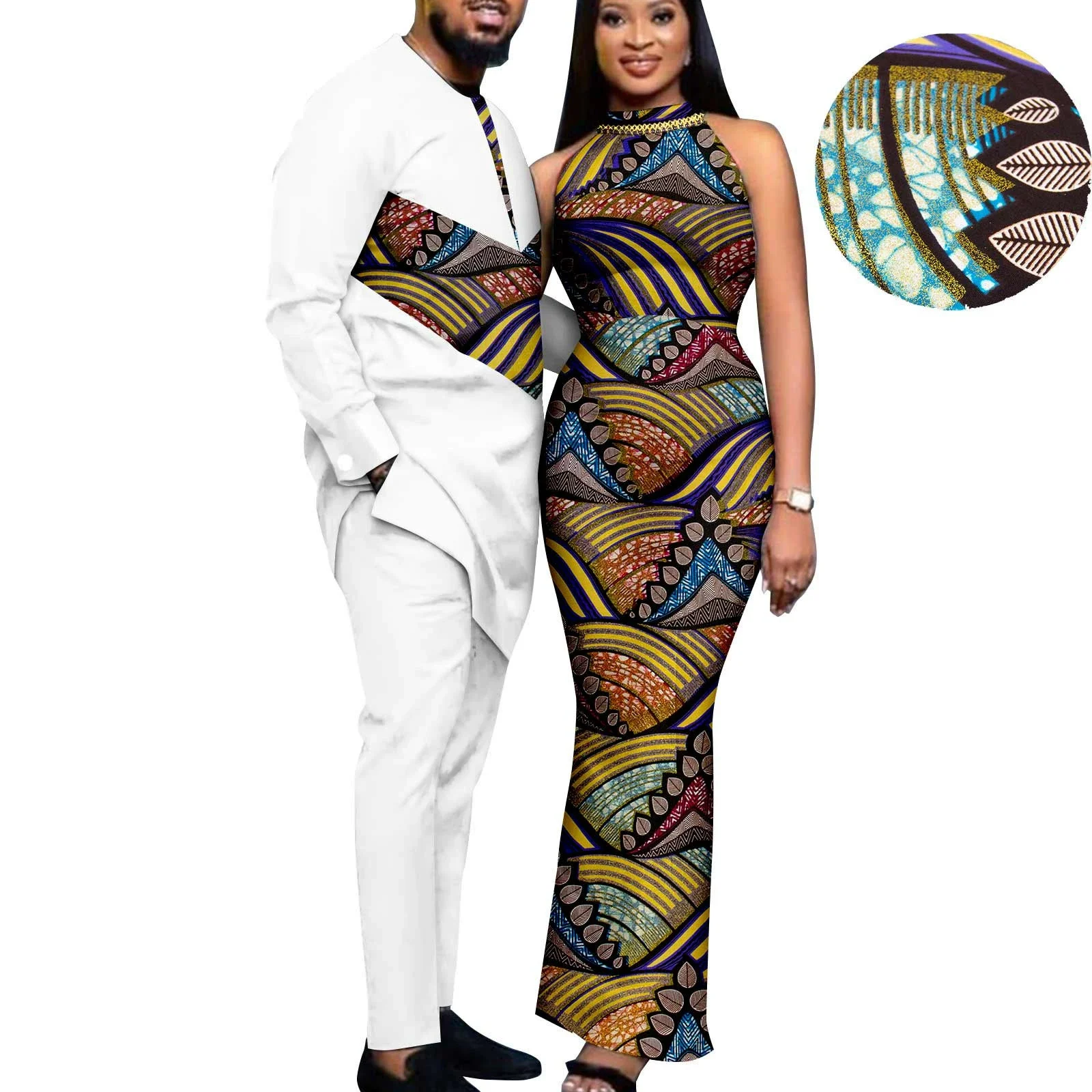

Couple Clothes African Print Long Dresses for Women Matching Men Outfits Dashiki Top Shirt and Pant Sets Bazin Riche Wedding