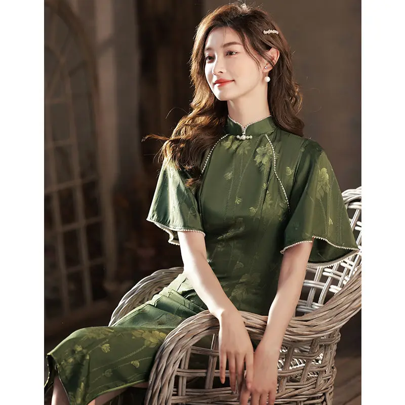 Deep Green Chinese Style Cheongsam 2022 New Retro Temperament Elegant Long Improved High-end Dress Girl Summer Women Qipao Dress