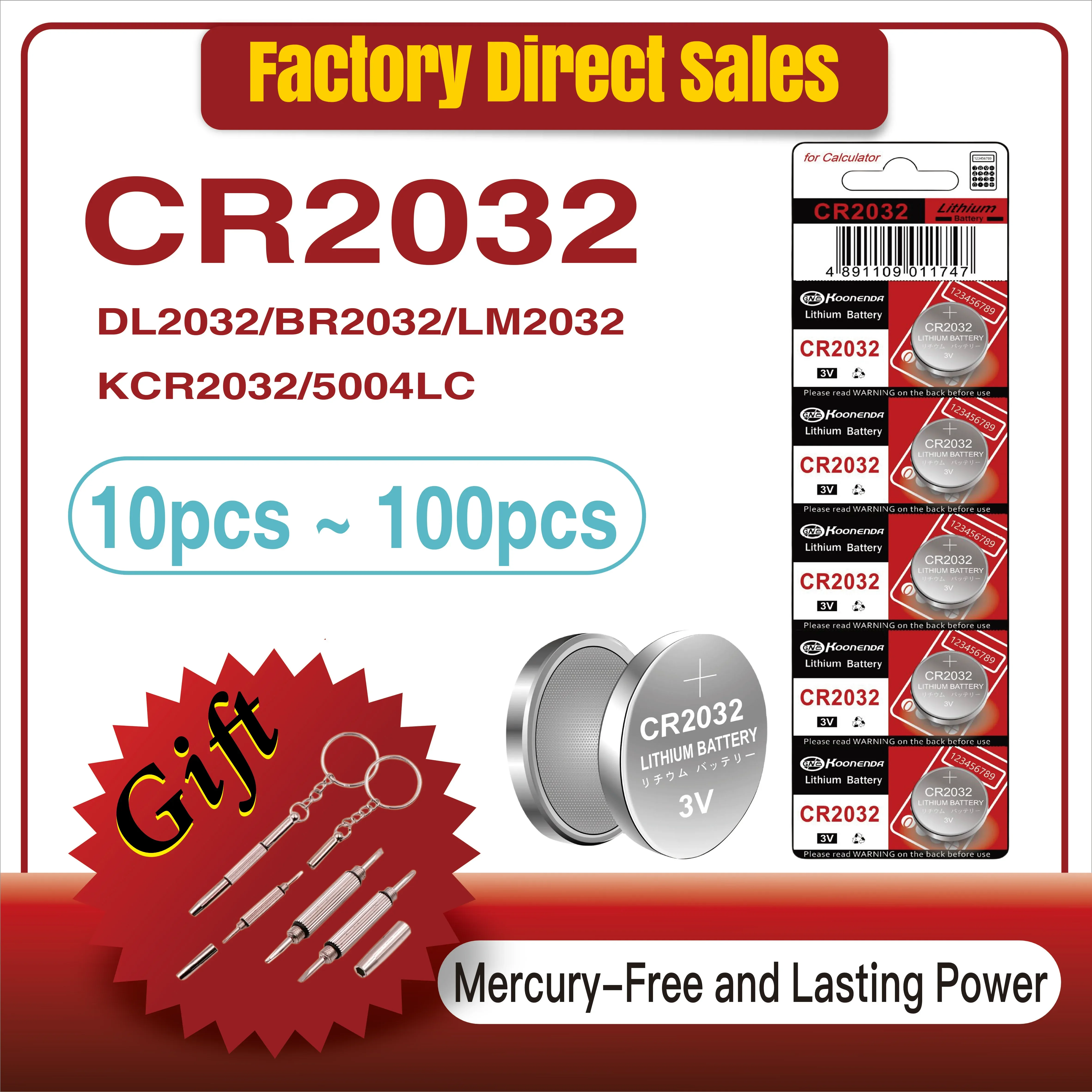 

10-100PCS 3V CR2032 Lithium Button Battery BR2032 ECR2032 LM2032 5004LC Coin Cell Watch Batteries For Toy Clock Remote Control