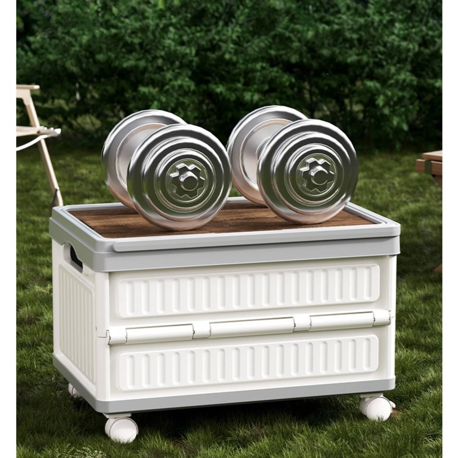 Rolling Storage Box with Wood Lid Heavy-Duty Wheeled Storage Chest with Handle Strong Non-Slip for Campers, Camping, Car Trunk