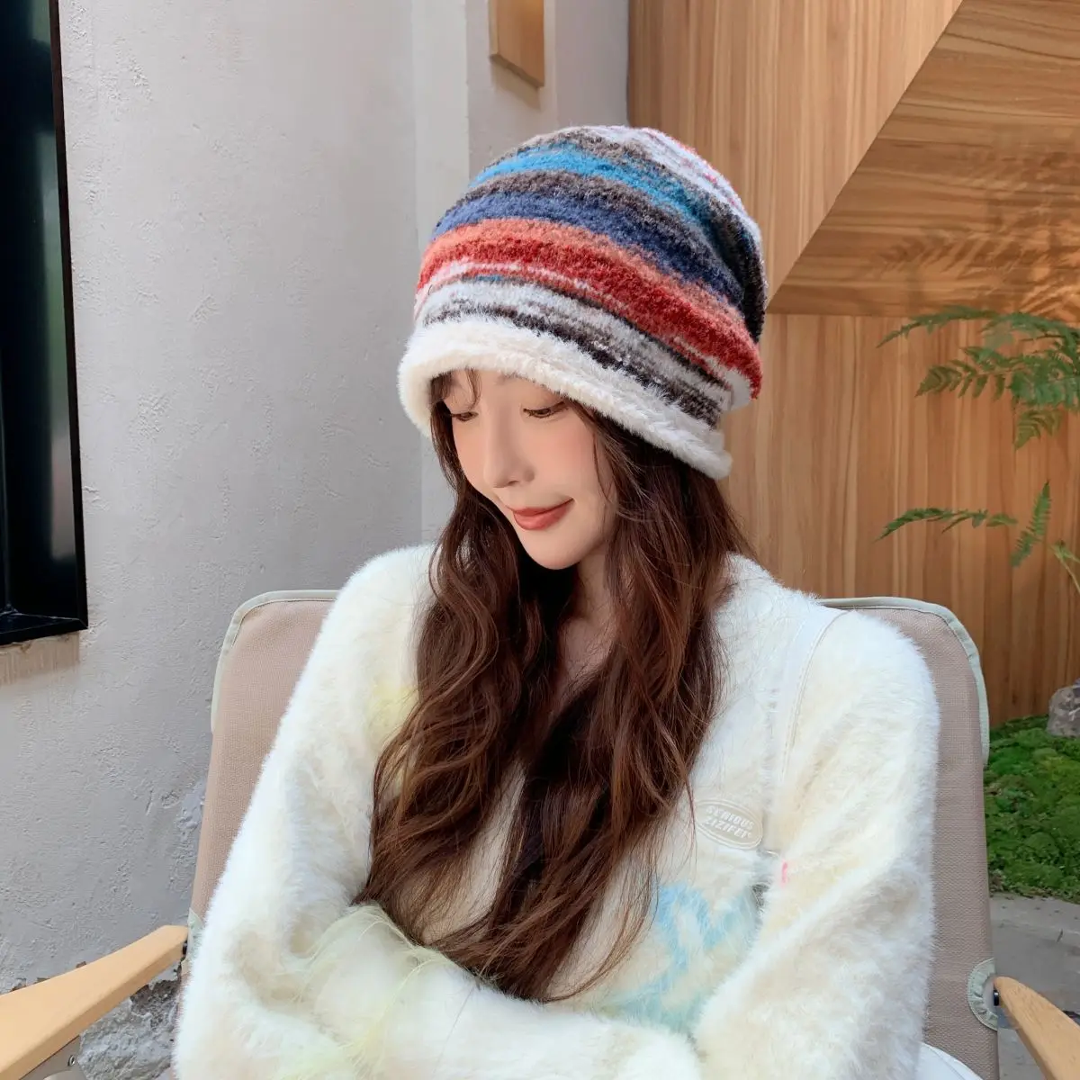 2024 New Mink Velvet Hoody Hat Strap Beanie Hat Women Autumn Winter Warm Knitted Hat Rainbow Colored Stripe Pullover Hat Hoodies