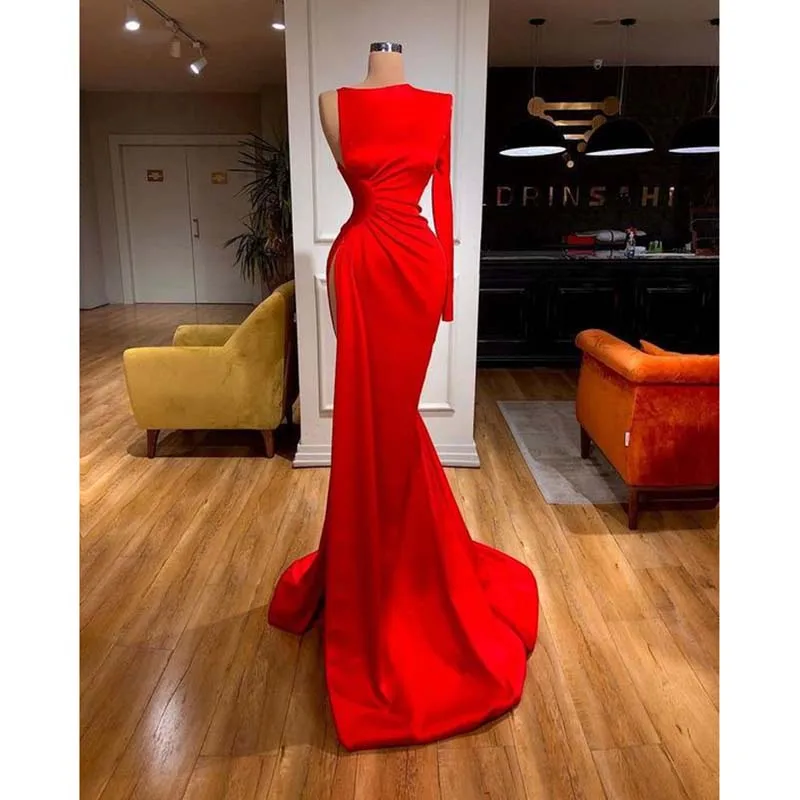 Luxury Red Evening Dress One Long Sleeve O-Neck Pleat Chapel Train Sexy High Split  Elegant Women Prom Party فستان العيد 2024