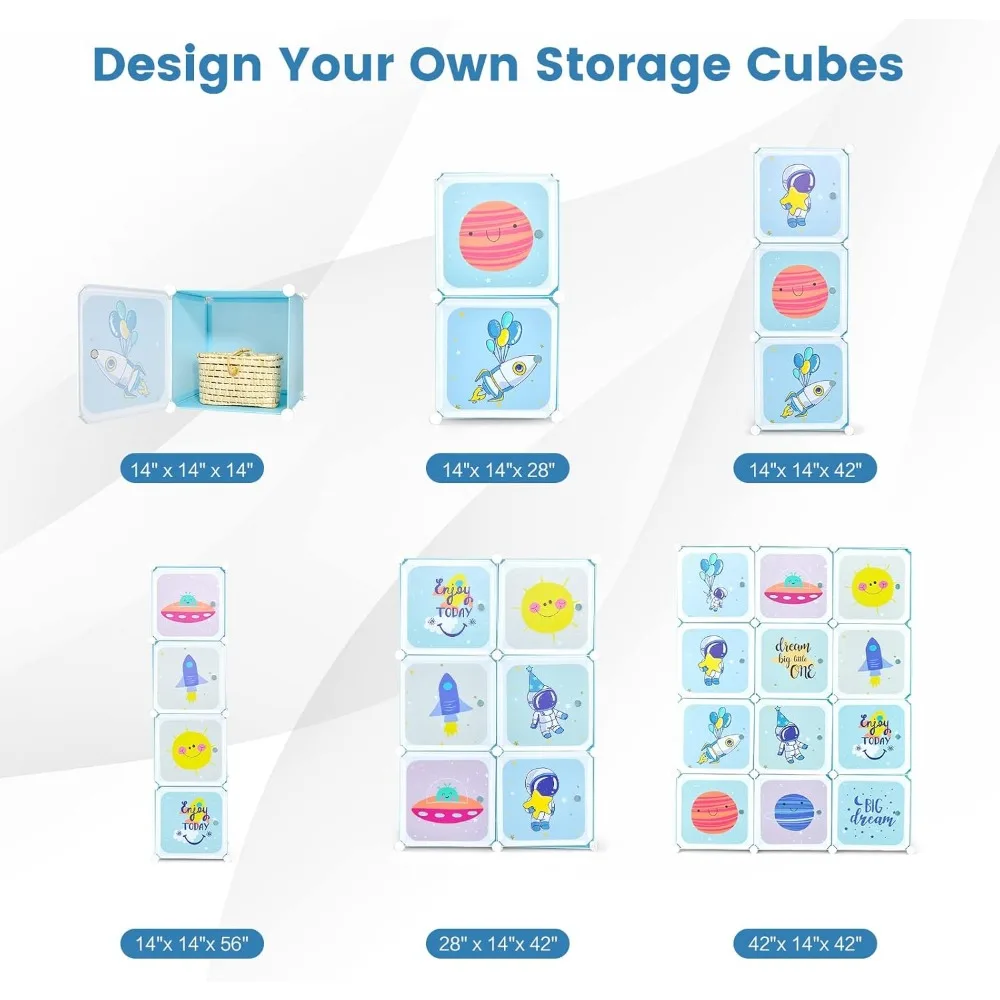 Kids Wardrobe with 12 Cubes and Hanging Sections, Portable Closet for Nursery Storage in Blue