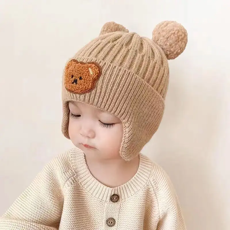 Knitted Baby Cap With Earflaps Cute Bear Pompom Kids Hat Beanie Warm Autumn Winter Boys Girls Ear Protection Bonnet Caps